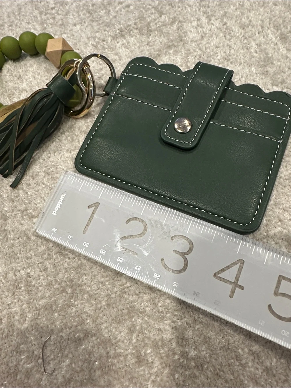 Dark Green Leather Card Holder with Beaded Keyring and Tassel